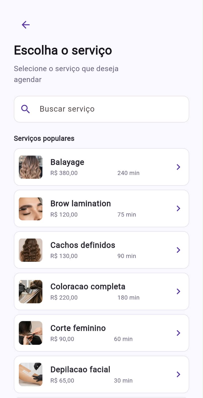 Tela do autoagendamento para escolha do serviço
