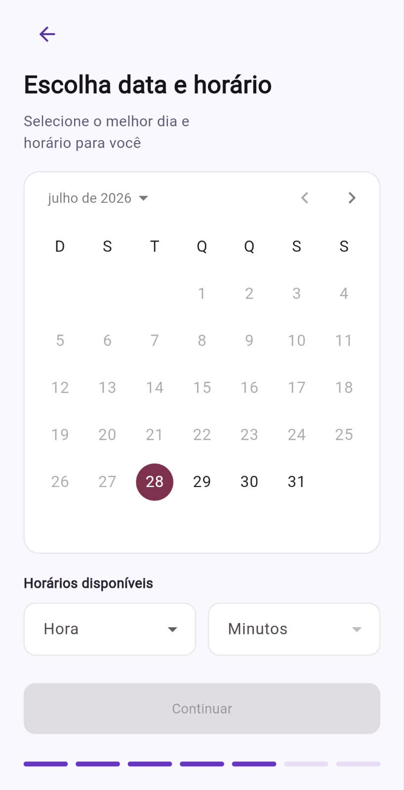 Tela do autoagendamento para escolher data e horário