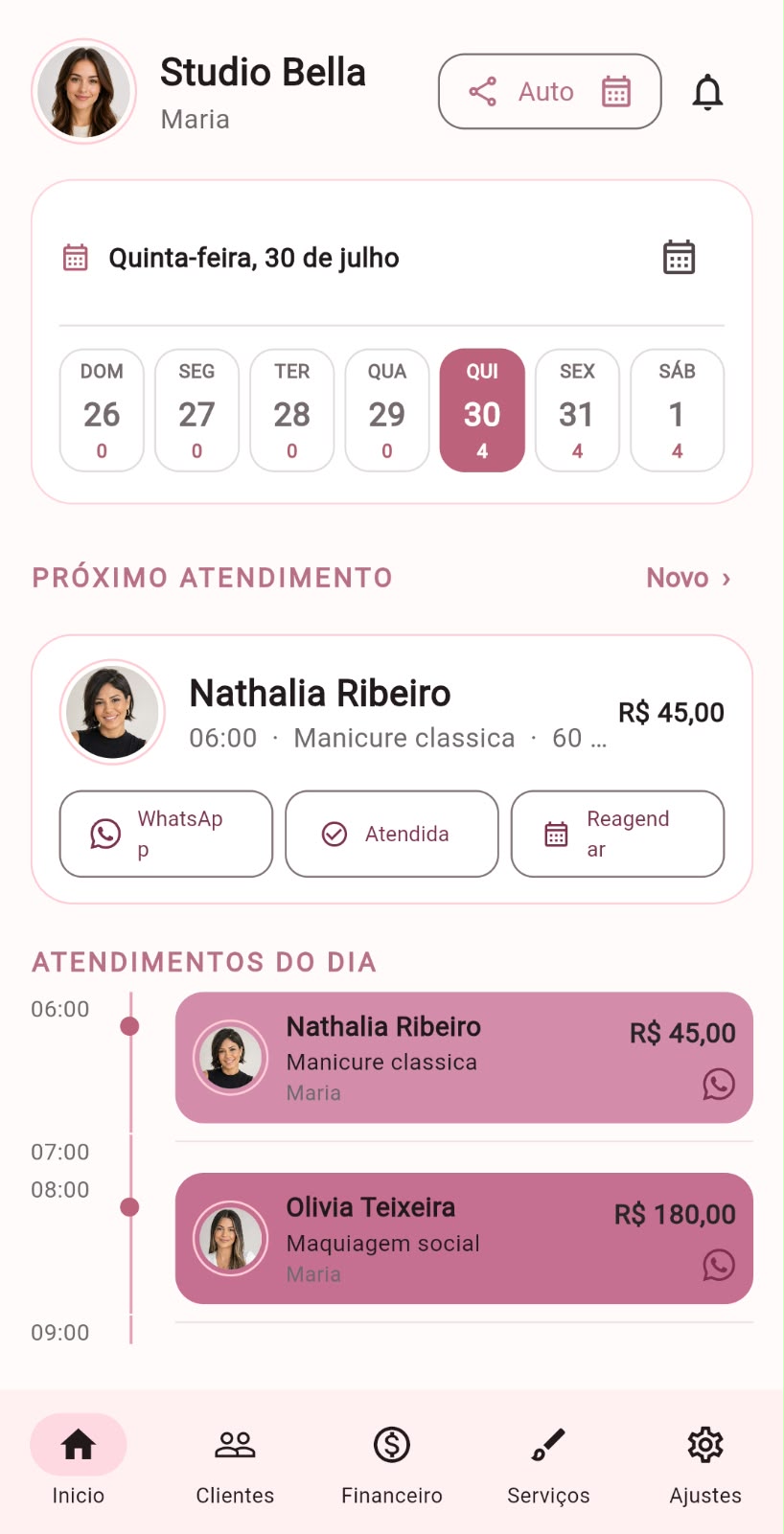 Tela inicial do Minha Agenda Beauty mostrando resumo da agenda